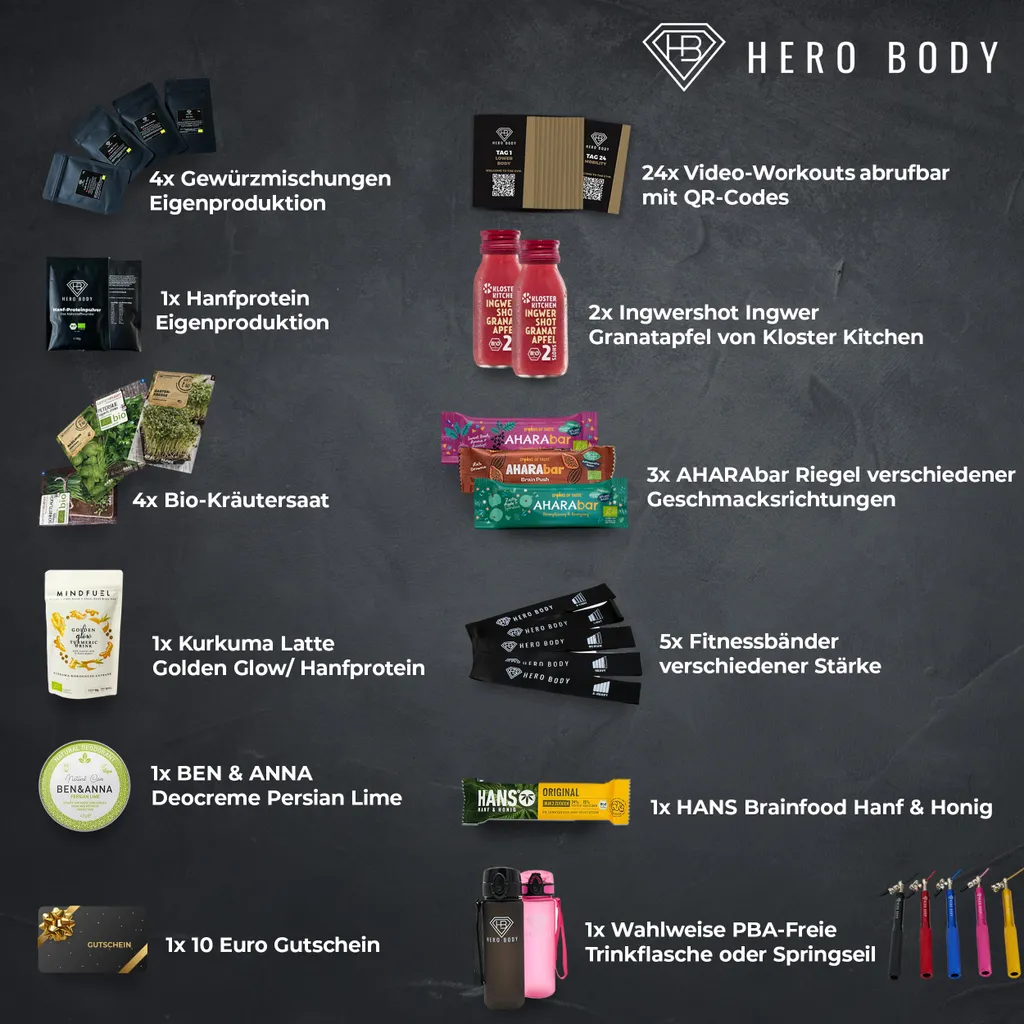 Fitness Adventskalender HERO BODY Proteinreiche Snacks, Fitness Tools, 24x Video Workouts – Bild 2