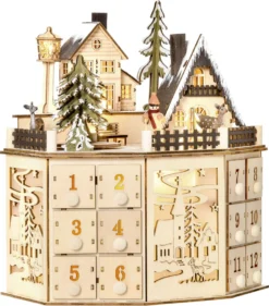 HOMCOM Weihnachts-Adventskalender Mit 24 Zugkästen Weihnachtskalender Mit LED-Lichtern Adventskalenderbox Sperrholz-Platte Naturholz 25 X 20 X 29 Cm