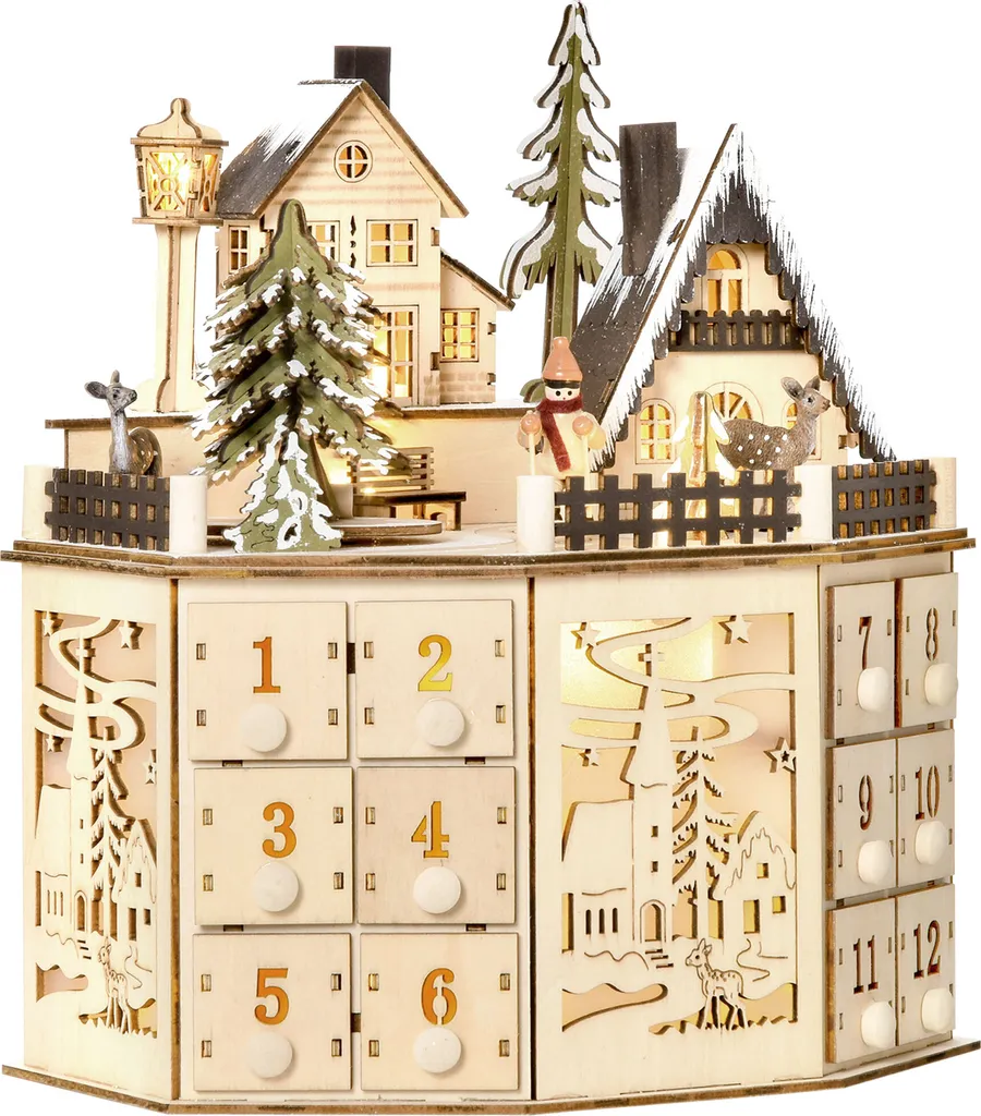 HOMCOM Weihnachts-Adventskalender Mit 24 Zugkästen Weihnachtskalender Mit LED-Lichtern Adventskalenderbox Sperrholz-Platte Naturholz 25 X 20 X 29 Cm