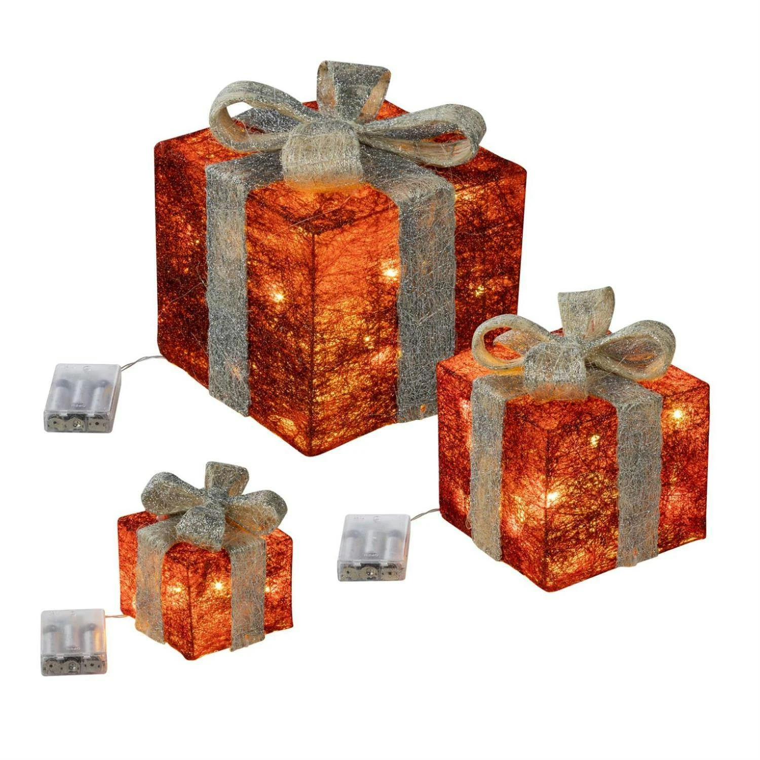 LED Geschenkboxen Beleuchtet Schleife Weihnachtsdeko 40LED Timer Creme/gold 3St. – Bild 2