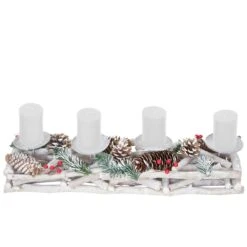 Adventskranz Länglich, Weihnachtsdeko Adventsgesteck, Holz 11x15x50cm Weiß-grau ~ Mit Kerzen, Weiß