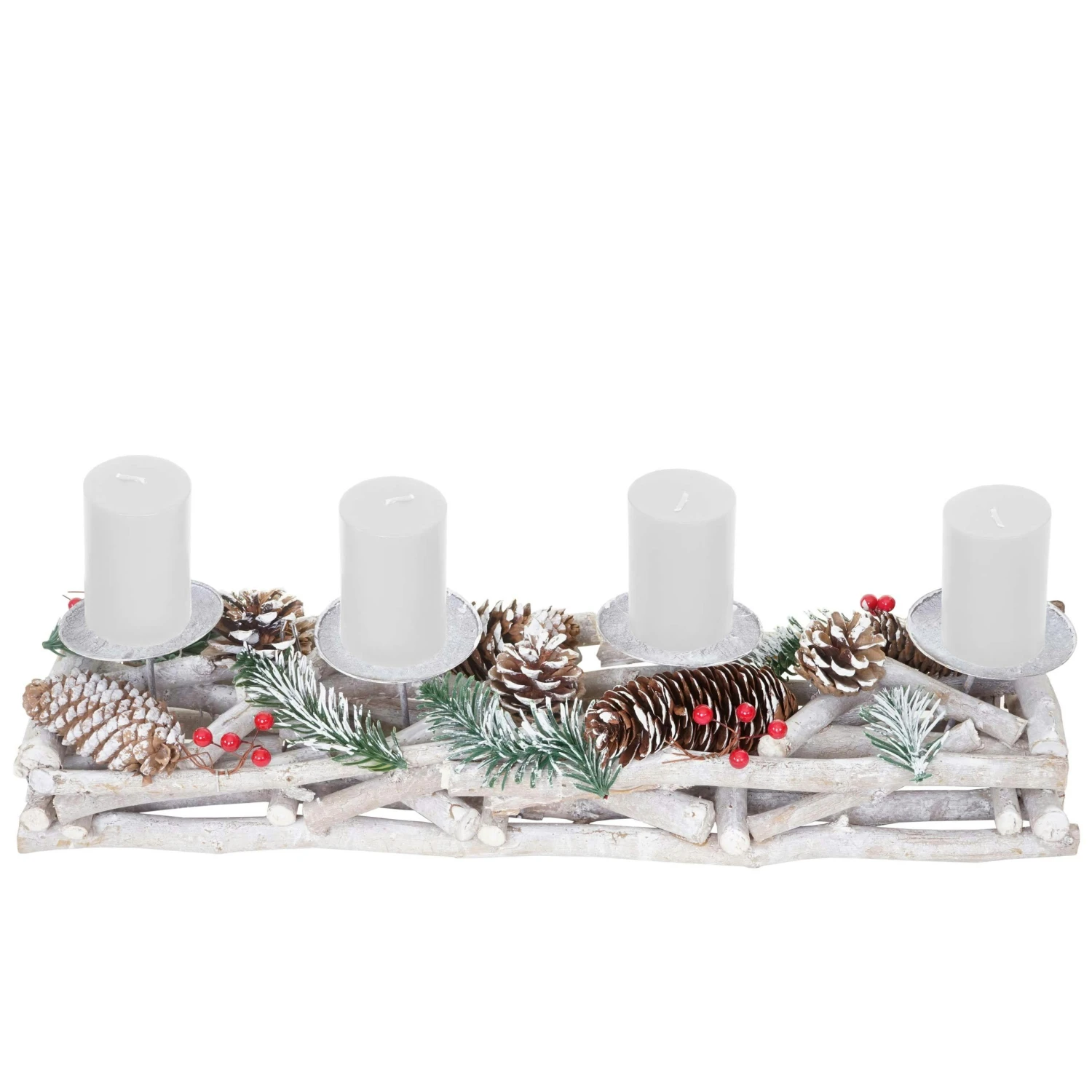 Adventskranz Länglich, Weihnachtsdeko Adventsgesteck, Holz 11x15x50cm Weiß-grau ~ Mit Kerzen, Weiß