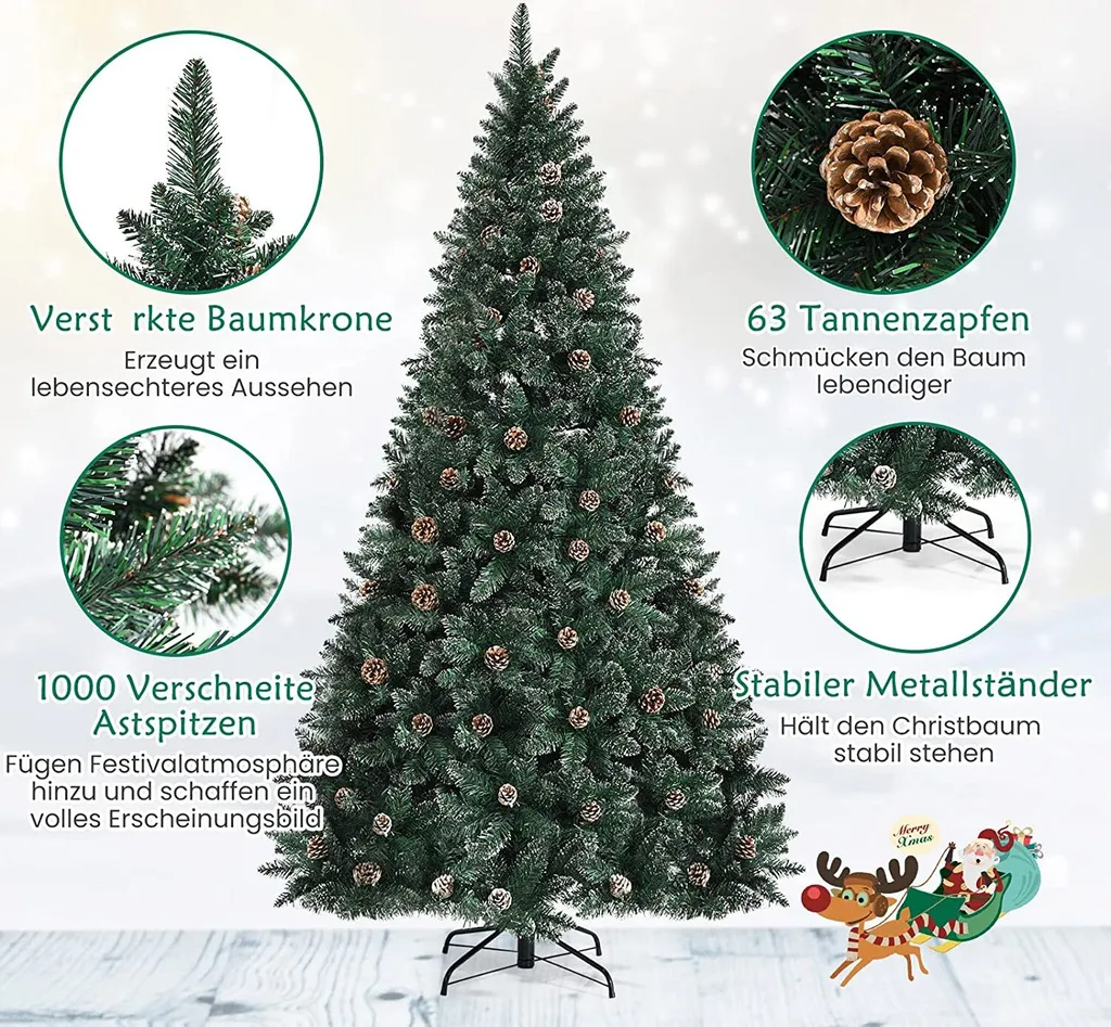 COSTWAY 180cm Künstlicher Weihnachtsbaum, Vordekorierter Verschneiter Tannenbaum Mit Metallständer, Christbaum Kunstbaum Weihnachten Für Zuhause, Büro – Bild 2