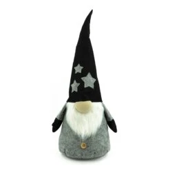 Wichtel ELRIC Dekofigur Filz Schwarz Biegbar Mütze Graue Sterne Weihnachten 81cm