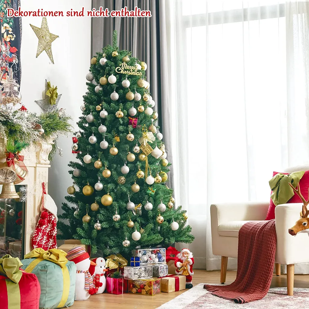 COSTWAY 180cm Künstlicher Weihnachtsbaum, Christbaum Glocke Design Mit 1130 üppigen Zweigen, Metallständer, 3-teiliger Tannenbaum Weihnachtsdekoration Für Zuhause Büro Geschäft Schule