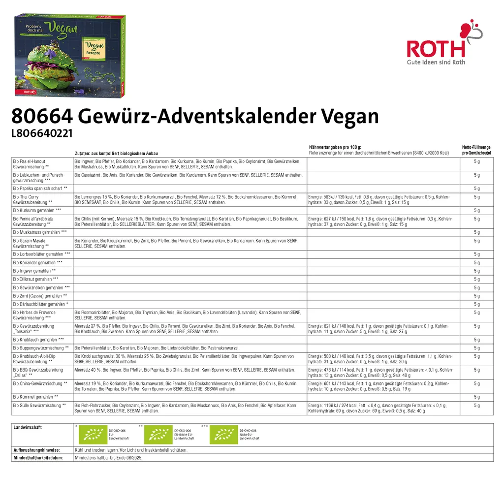 ROTH Gewürz-Adventskalender 'Vegane Rezepte' 2022 Gefüllt Mit 24 Hochwertigen Kräutern Und Kochbuch Mit Veganen Kochideen Für Den Advent – Bild 6