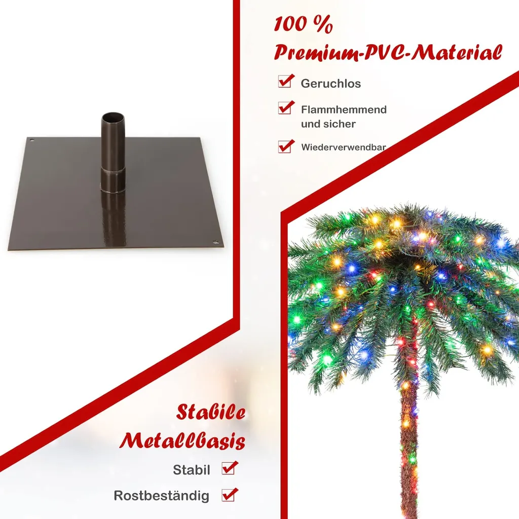 COSTWAY 180 Cm Künstliche Palme Beleuchtet, Kunstbaum Mit 210 Vierfarbigen LED-Leuchten, Weihnachtspalme Mit 64 PVC-Spitzen & Metallständer, Lichterbaum Für Weihnachten Karneval, Zuhause Und Büro – Bild 3