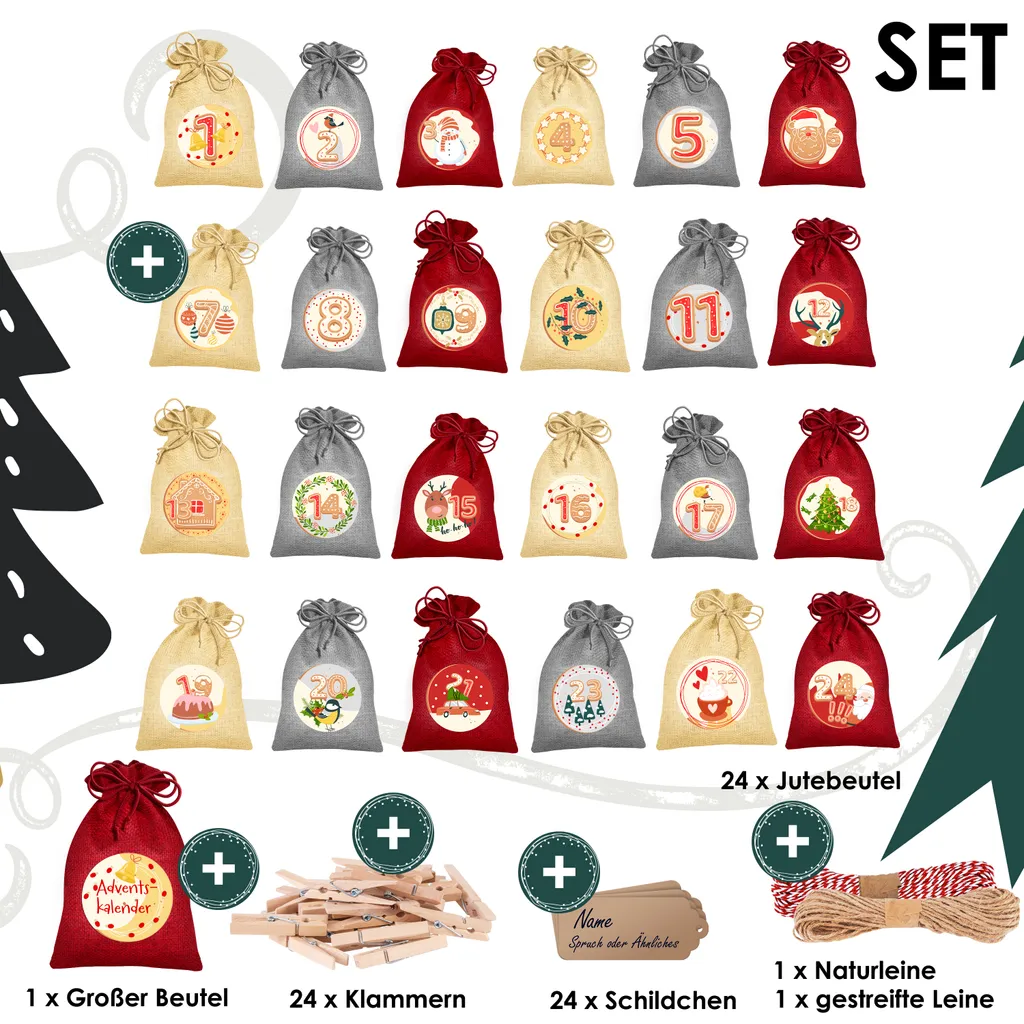 KESSER® Adventskalender Zum Befüllen 24 Jutebeutel Gedruckte Stoffbeutel Kinder Weihnachtskalender Zum Selber Befüllen Inkl.. 24x Schildchen + 1 Großer Aufbewahrungsbeutel Stoff, Farbe:Rot, Größe:16x12cm – Bild 3