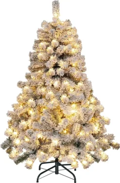 COSTWAY 135 Cm Schneebeflockter Weihnachtsbaum, Künstlicher Tannenbaum Mit 295 Spitzen Und 150 Warmweißen LED-Leuchten, Christbaum Mit Metallständer, Weiß
