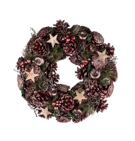 NEU Naturkranz Mit Zapfen Und Kugeln, Rot / Pink, Ø 35 Cm / Höhe: 8,5 Cm, "Germany", Handgefertigt – Bild 4