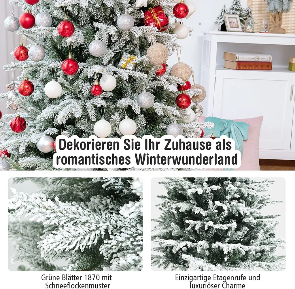 COSTWAY 180cm Künstlicher Weihnachtsbaum Mit Schnee, Tannenbaum Mit Metallständer, Christbaum 1870 PVC&PE Zweigen, Kunstbaum Weihnachten Klappsystem Ideal Für Zuhause, Büro, Geschäfte – Bild 3