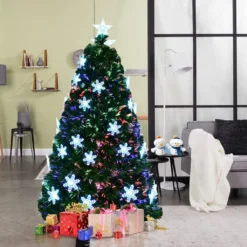 COSTWAY 180 Cm LED Weihnachtsbaum Beleuchtet Mit Glasfaser-Farbwechsel Künstlicher Tannenbaum Grün