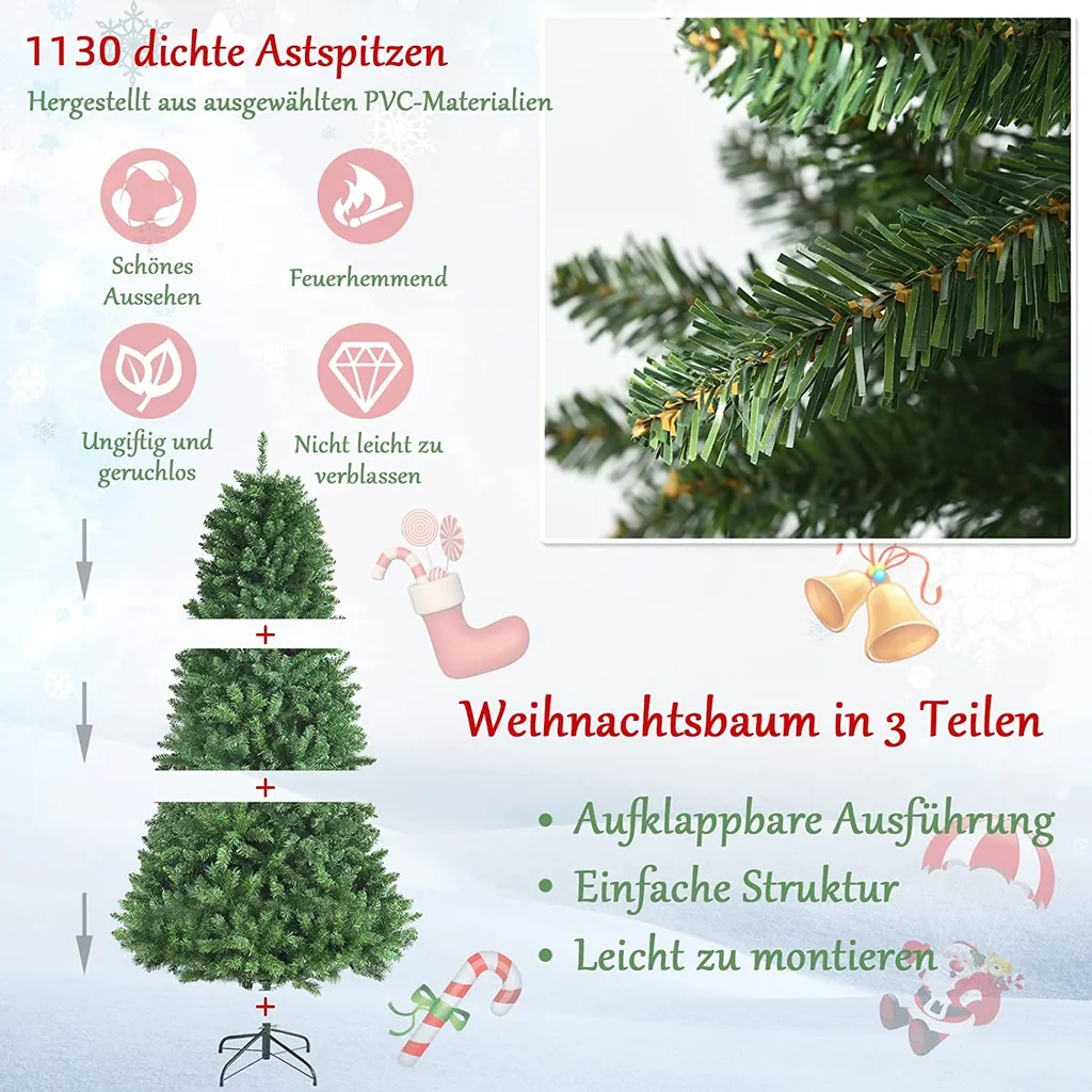 COSTWAY 180cm Künstlicher Weihnachtsbaum, Christbaum Glocke Design Mit 1130 üppigen Zweigen, Metallständer, 3-teiliger Tannenbaum Weihnachtsdekoration Für Zuhause Büro Geschäft Schule – Bild 4