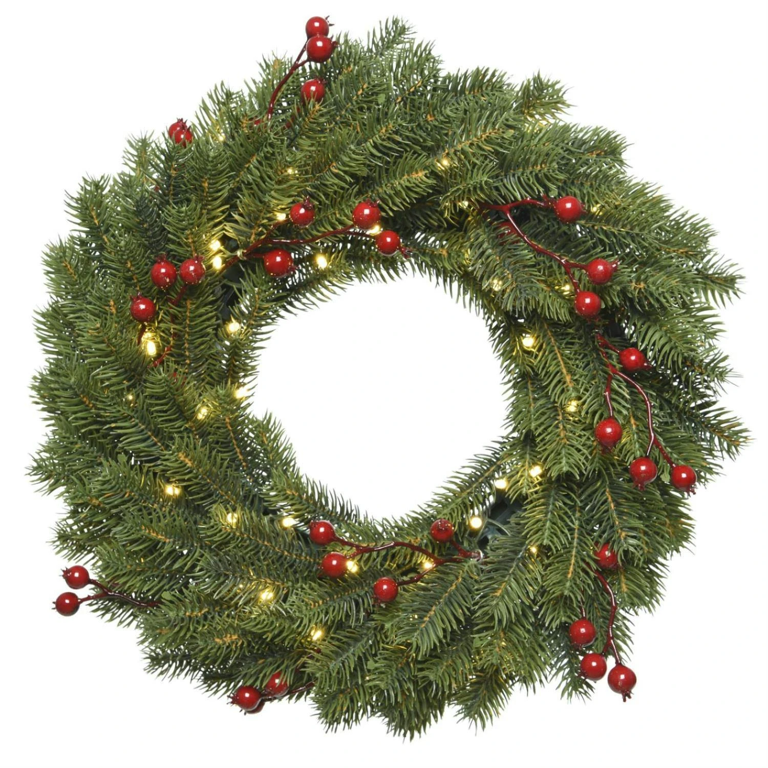 LED Tannenkranz Rote Beeren Beleuchtet Warmweiß LED D: 40cm Timer Batterie Grün