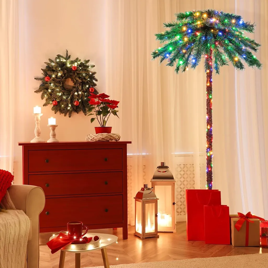 COSTWAY 180 Cm Künstliche Palme Beleuchtet, Kunstbaum Mit 210 Vierfarbigen LED-Leuchten, Weihnachtspalme Mit 64 PVC-Spitzen & Metallständer, Lichterbaum Für Weihnachten Karneval, Zuhause Und Büro