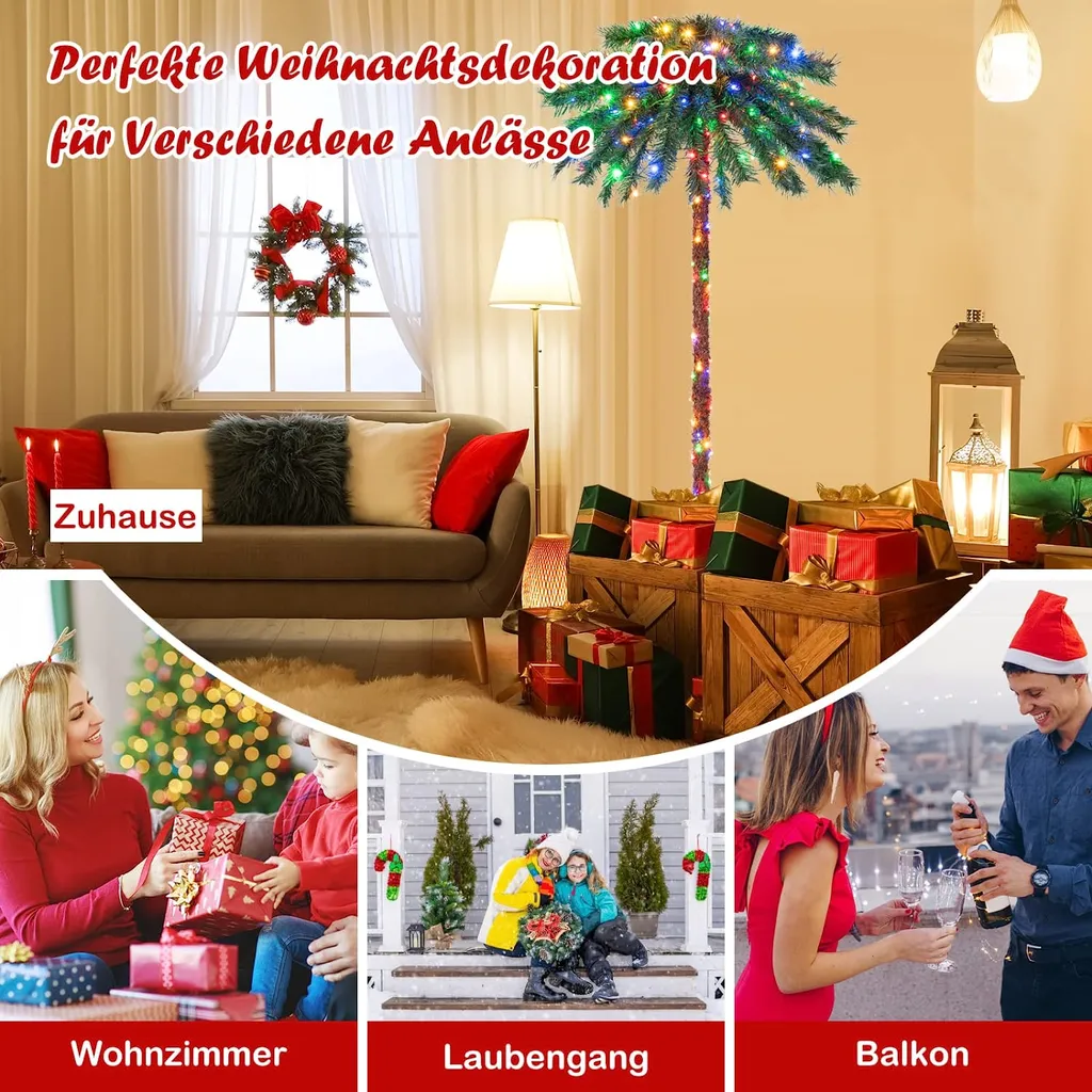 COSTWAY 180 Cm Künstliche Palme Beleuchtet, Kunstbaum Mit 210 Vierfarbigen LED-Leuchten, Weihnachtspalme Mit 64 PVC-Spitzen & Metallständer, Lichterbaum Für Weihnachten Karneval, Zuhause Und Büro – Bild 2