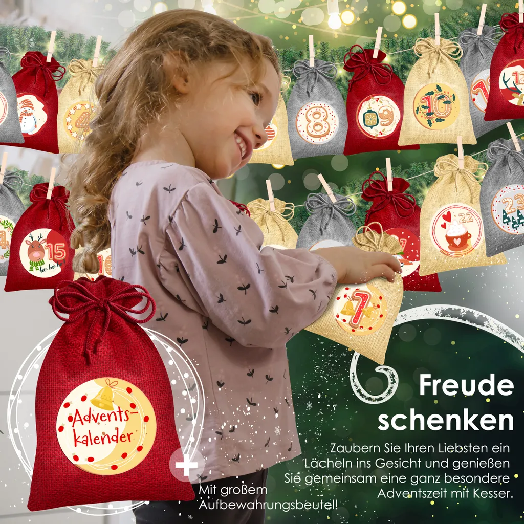 KESSER® Adventskalender Zum Befüllen 24 Jutebeutel Gedruckte Stoffbeutel Kinder Weihnachtskalender Zum Selber Befüllen Inkl.. 24x Schildchen + 1 Großer Aufbewahrungsbeutel Stoff, Farbe:Rot, Größe:16x12cm – Bild 4