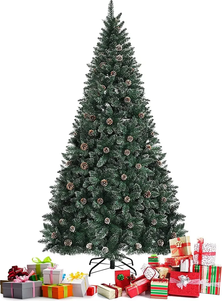 COSTWAY 180cm Künstlicher Weihnachtsbaum, Vordekorierter Verschneiter Tannenbaum Mit Metallständer, Christbaum Kunstbaum Weihnachten Für Zuhause, Büro
