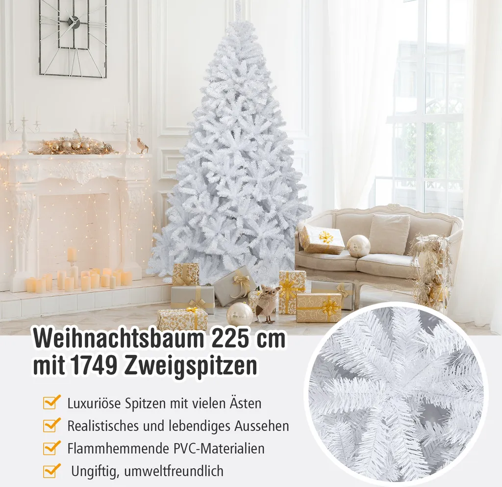 COSTWAY 225cm Künstlicher Weihnachtsbaum Mit 1749 Zweigen, Klappbarer Metallständer, Christbaum Tannenbaum Für Zuhause Büro Geschäft Weiß – Bild 4