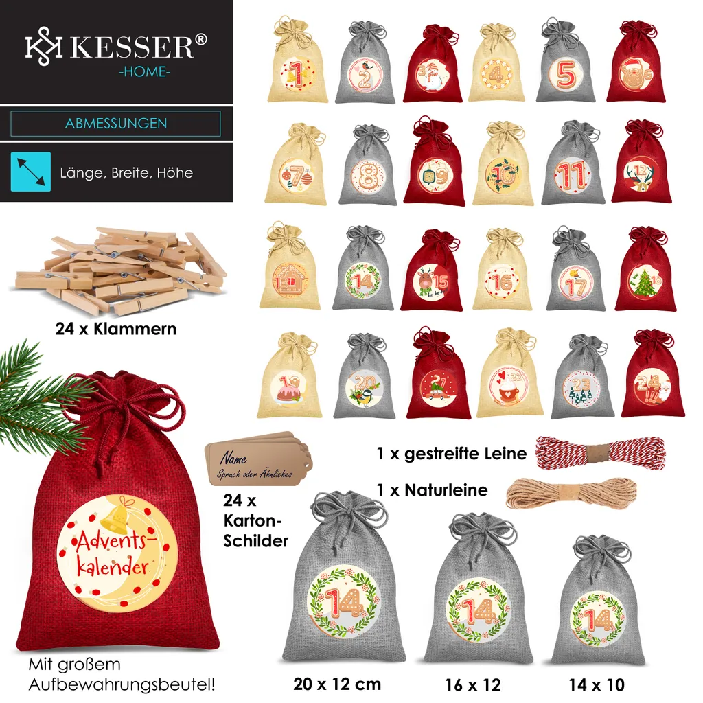 KESSER® Adventskalender Zum Befüllen 24 Jutebeutel Gedruckte Stoffbeutel Kinder Weihnachtskalender Zum Selber Befüllen Inkl.. 24x Schildchen + 1 Großer Aufbewahrungsbeutel Stoff, Farbe:Rot, Größe:16x12cm – Bild 8