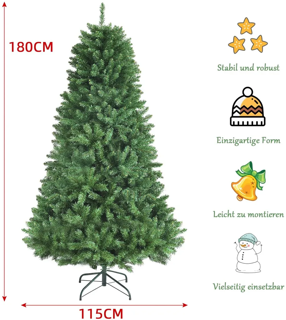 COSTWAY 180cm Künstlicher Weihnachtsbaum, Christbaum Glocke Design Mit 1130 üppigen Zweigen, Metallständer, 3-teiliger Tannenbaum Weihnachtsdekoration Für Zuhause Büro Geschäft Schule – Bild 5