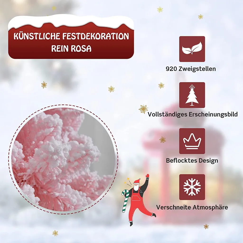 COSTWAY 180cm Verschneiter Weihnachtsbaum Rosa, Künstlicher Weihnachtsbaum Mit 920 Zweigen, Metallständer, Kiefernbaum Für Zuhause, Büro, Einkaufszentrum – Bild 3