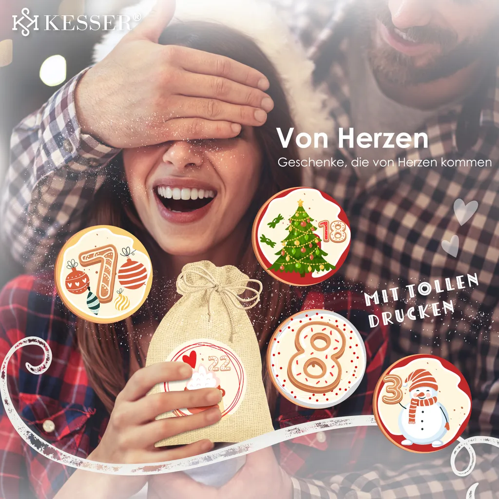 KESSER® Adventskalender Zum Befüllen 24 Jutebeutel Gedruckte Stoffbeutel Kinder Weihnachtskalender Zum Selber Befüllen Inkl.. 24x Schildchen + 1 Großer Aufbewahrungsbeutel Stoff, Farbe:Rot, Größe:16x12cm – Bild 5