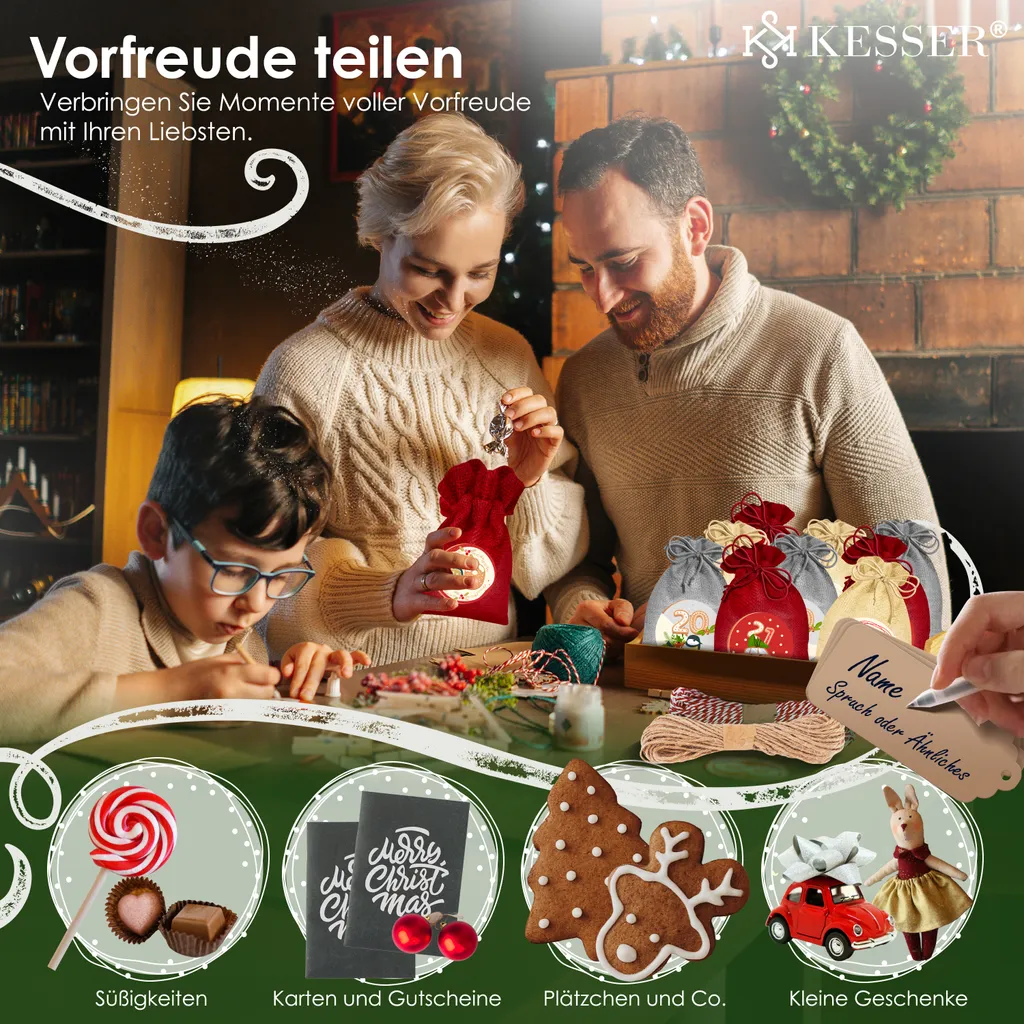 KESSER® Adventskalender Zum Befüllen 24 Jutebeutel Gedruckte Stoffbeutel Kinder Weihnachtskalender Zum Selber Befüllen Inkl.. 24x Schildchen + 1 Großer Aufbewahrungsbeutel Stoff, Farbe:Rot, Größe:16x12cm – Bild 6