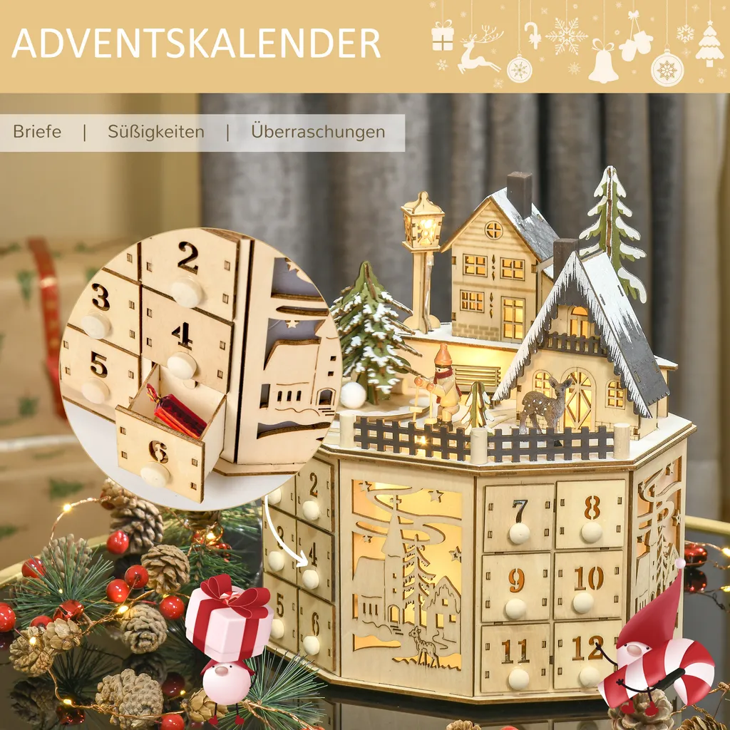 HOMCOM Weihnachts-Adventskalender Mit 24 Zugkästen Weihnachtskalender Mit LED-Lichtern Adventskalenderbox Sperrholz-Platte Naturholz 25 X 20 X 29 Cm – Bild 4