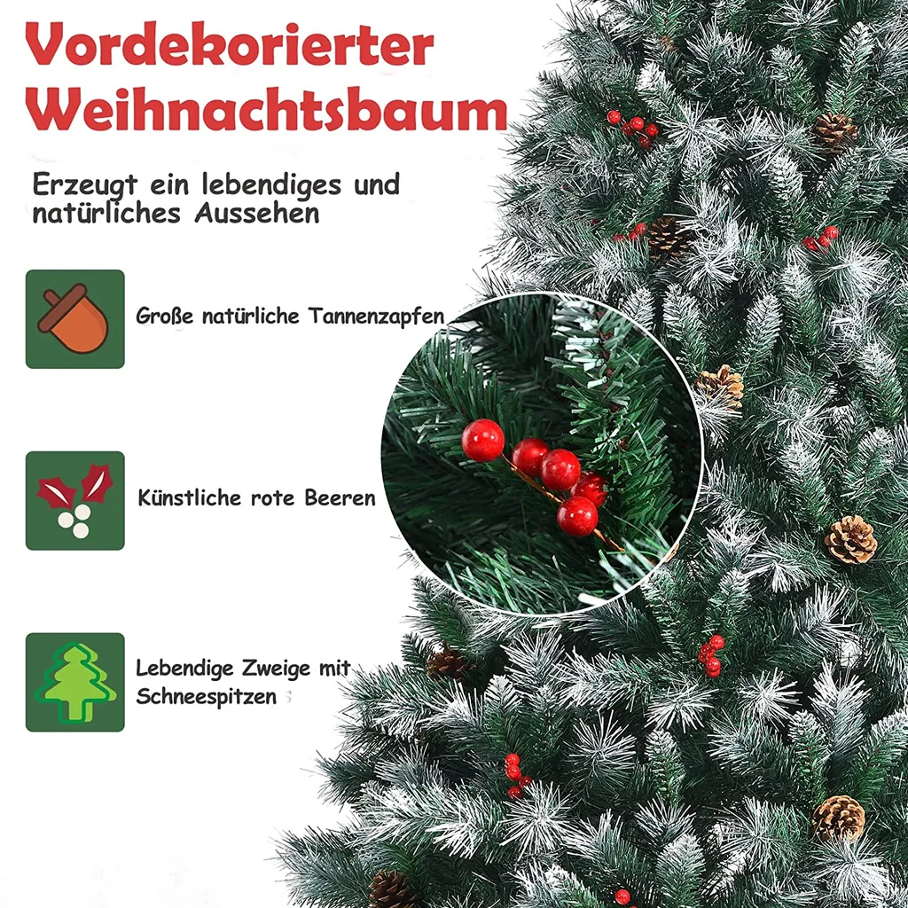 COSTWAY 180cm Künstlicher Weihnachtsbaum, Verschneiter Tannenbaum Mit 644 Tannenzapfen, Roten Beeren & Klappbarem Metallständer, Scharnier-Baum Christbaum Für Zuhause, Büro – Bild 4