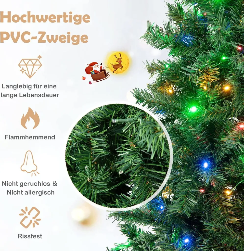 COSTWAY 180cm Künstlicher Weihnachtsbaum, Beleuchteter Tannenbaum Mit Farbigen LEDs & Metallständer, Klappbarer Kunstbaum Beleuchtung, Christbaum Für Weihnachten Büro Zuhause, PVC, Grün – Bild 2