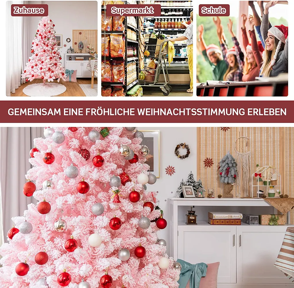 COSTWAY 180cm Verschneiter Weihnachtsbaum Rosa, Künstlicher Weihnachtsbaum Mit 920 Zweigen, Metallständer, Kiefernbaum Für Zuhause, Büro, Einkaufszentrum – Bild 4