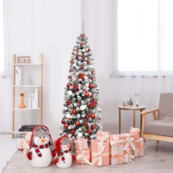 COSTWAY 180cm Bleistift Weihnachtsbaum Mit Schnee Und 250 Warmweißen LED-Leuchten, Künstlicher Tannenbaum Mit Metallständer, Christbaum 500 Spitzen PVC Nadeln, Kunstbaum Weihnachten Klappsystem Grün