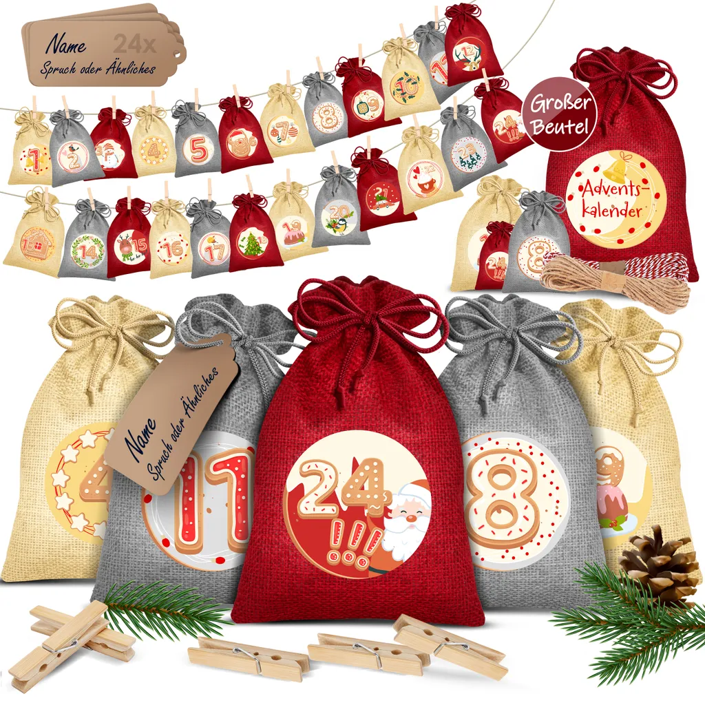 KESSER® Adventskalender Zum Befüllen 24 Jutebeutel Gedruckte Stoffbeutel Kinder Weihnachtskalender Zum Selber Befüllen Inkl.. 24x Schildchen + 1 Großer Aufbewahrungsbeutel Stoff, Farbe:Rot, Größe:16x12cm – Bild 2