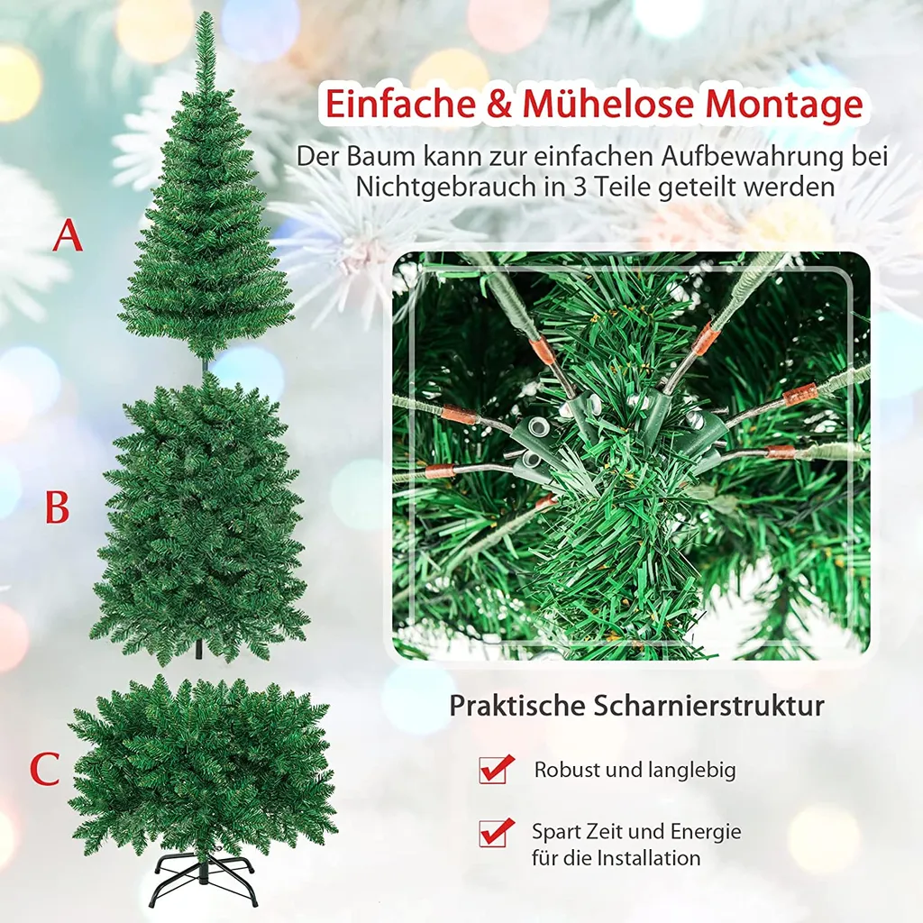 COSTWAY 200cm Bleistift Weihnachtsbaum Mit Mehrfarbigen LED-Leuchten, Künstlicher Tannenbaum Mit Klappsystem Und Metallständer, Christbaum PVC Nadeln, Kunstbaum Weihnachten Grün – Bild 4