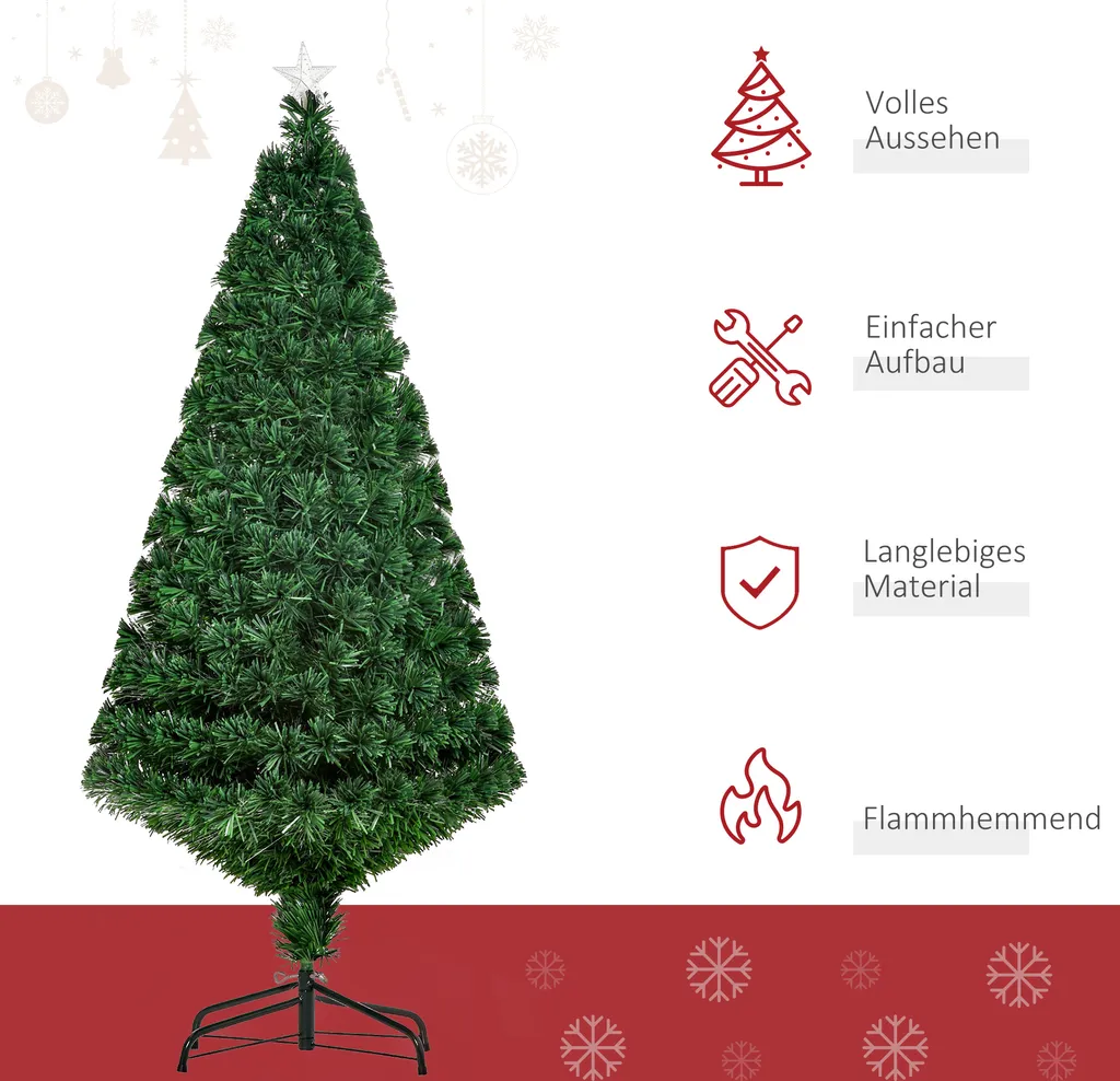 HOMCOM LED Weihnachtsbaum Künstlicher Christbaum Tannenbaum Baum Mit Metallständer, Glasfaser-Farbwechsler, Grün, 120 Cm – Bild 4