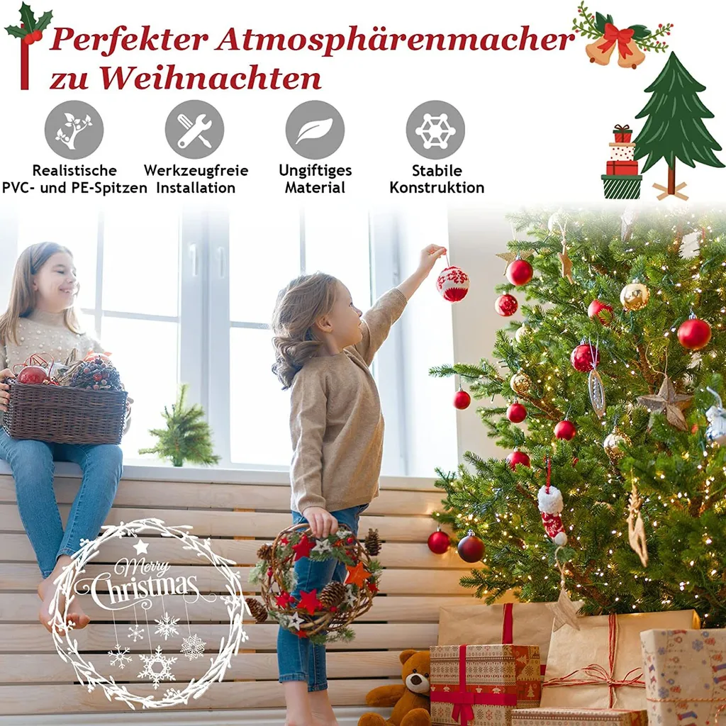 COSTWAY 180cm Künstlicher Weihnachtsbaum, Unbeleuchteter Tannenbaum, Christbaum Mit 1462 PE- & PVC-Zweigen & Metallständer, Kunstbaum Für Innen- Und Außenbereich – Bild 2