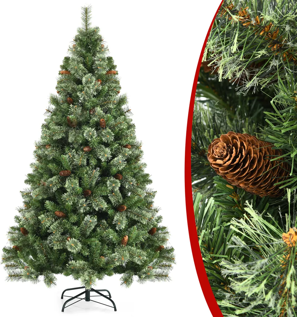 COSTWAY 180cm Weihnachtsbaum Künstlich, Christbaum Mit Metallständer & 61 Tannenzapfen & 878 Spitzen, Tannenbaum Schnellaufbau Klappsystem, Für Zuhause, Büro & Außenbereich, PVC, Grün