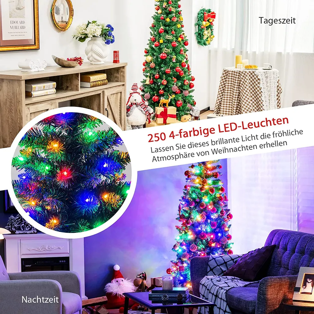 COSTWAY 200cm Bleistift Weihnachtsbaum Mit Mehrfarbigen LED-Leuchten, Künstlicher Tannenbaum Mit Klappsystem Und Metallständer, Christbaum PVC Nadeln, Kunstbaum Weihnachten Grün – Bild 3