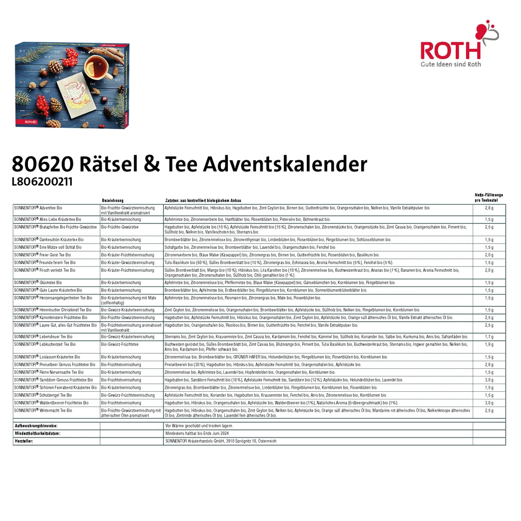ROTH Rätsel + Tee-Adventskalender 2021 Gefüllt Mit Hochwertigem Tee Und Rätseln, Teebeutel-Kalender Für Die Vorweihnachtszeit – Bild 2