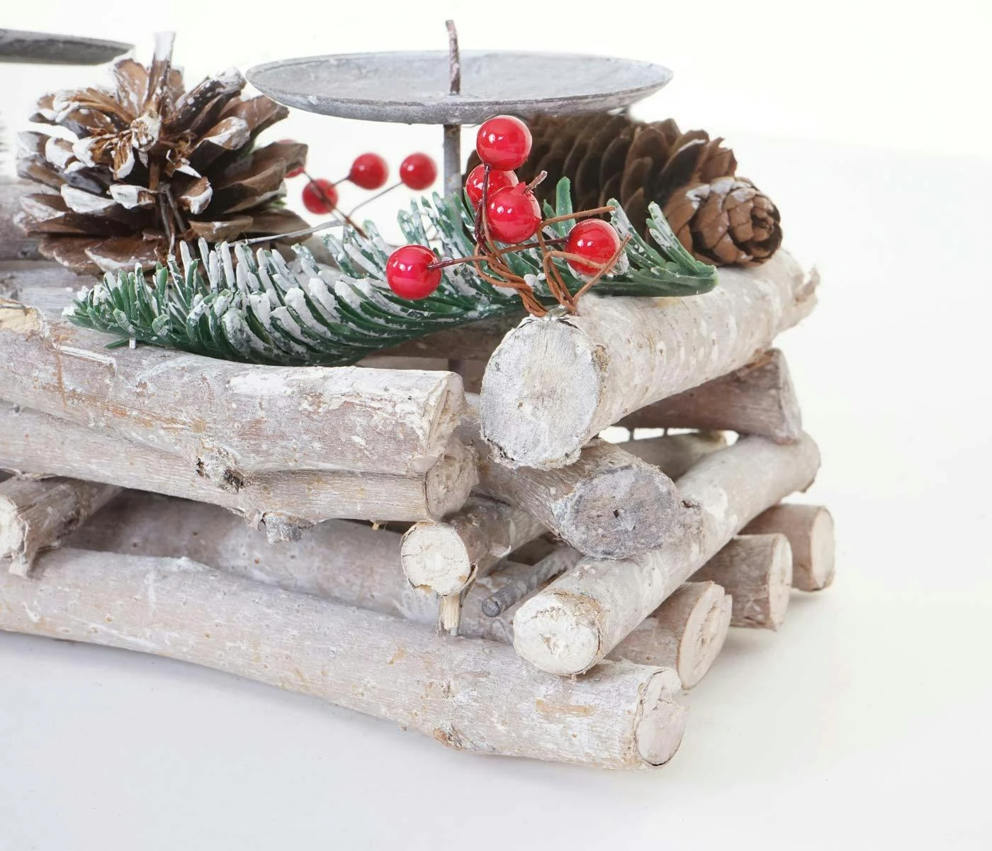 Adventskranz Länglich, Weihnachtsdeko Adventsgesteck, Holz 11x15x50cm Weiß-grau ~ Mit Kerzen, Weiß – Bild 5