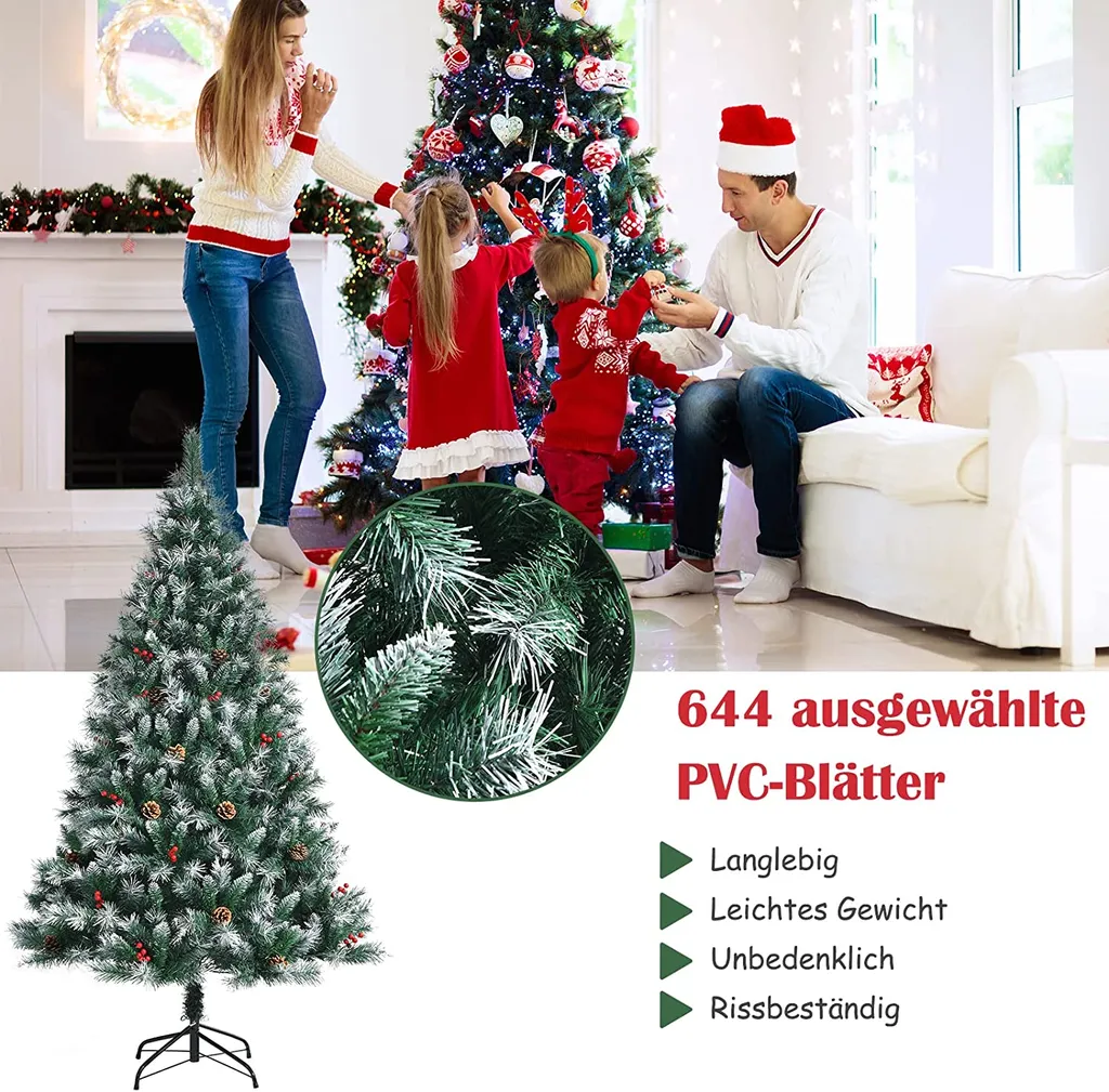 COSTWAY 180cm Künstlicher Weihnachtsbaum, Verschneiter Tannenbaum Mit 644 Tannenzapfen, Roten Beeren & Klappbarem Metallständer, Scharnier-Baum Christbaum Für Zuhause, Büro – Bild 3