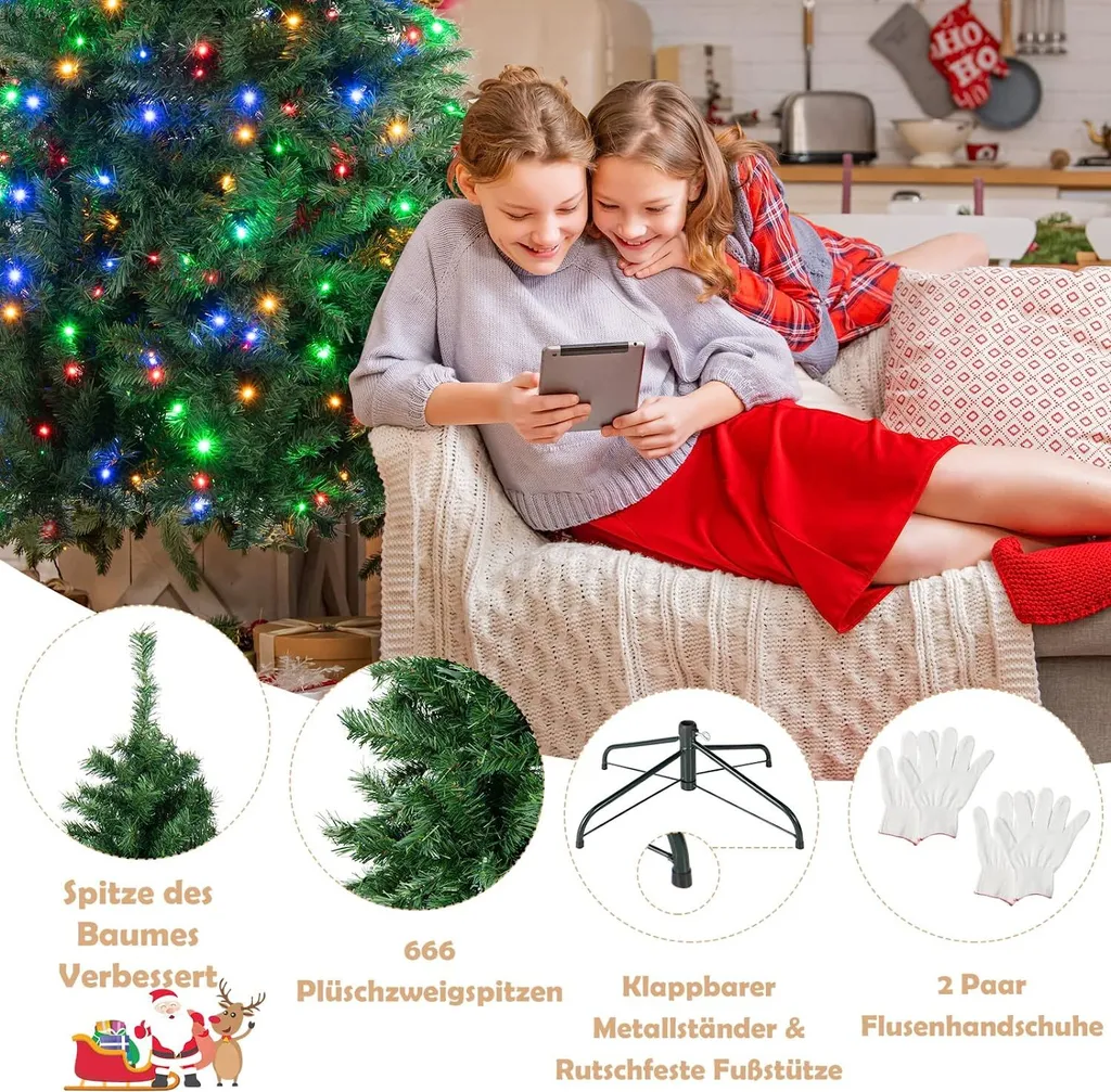 COSTWAY 180cm Künstlicher Weihnachtsbaum, Beleuchteter Tannenbaum Mit Farbigen LEDs & Metallständer, Klappbarer Kunstbaum Beleuchtung, Christbaum Für Weihnachten Büro Zuhause, PVC, Grün – Bild 3
