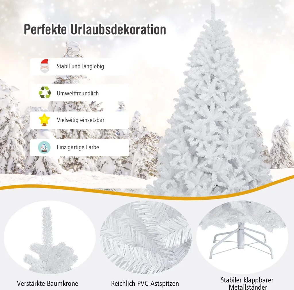 COSTWAY 225cm Künstlicher Weihnachtsbaum Mit 1749 Zweigen, Klappbarer Metallständer, Christbaum Tannenbaum Für Zuhause Büro Geschäft Weiß – Bild 3