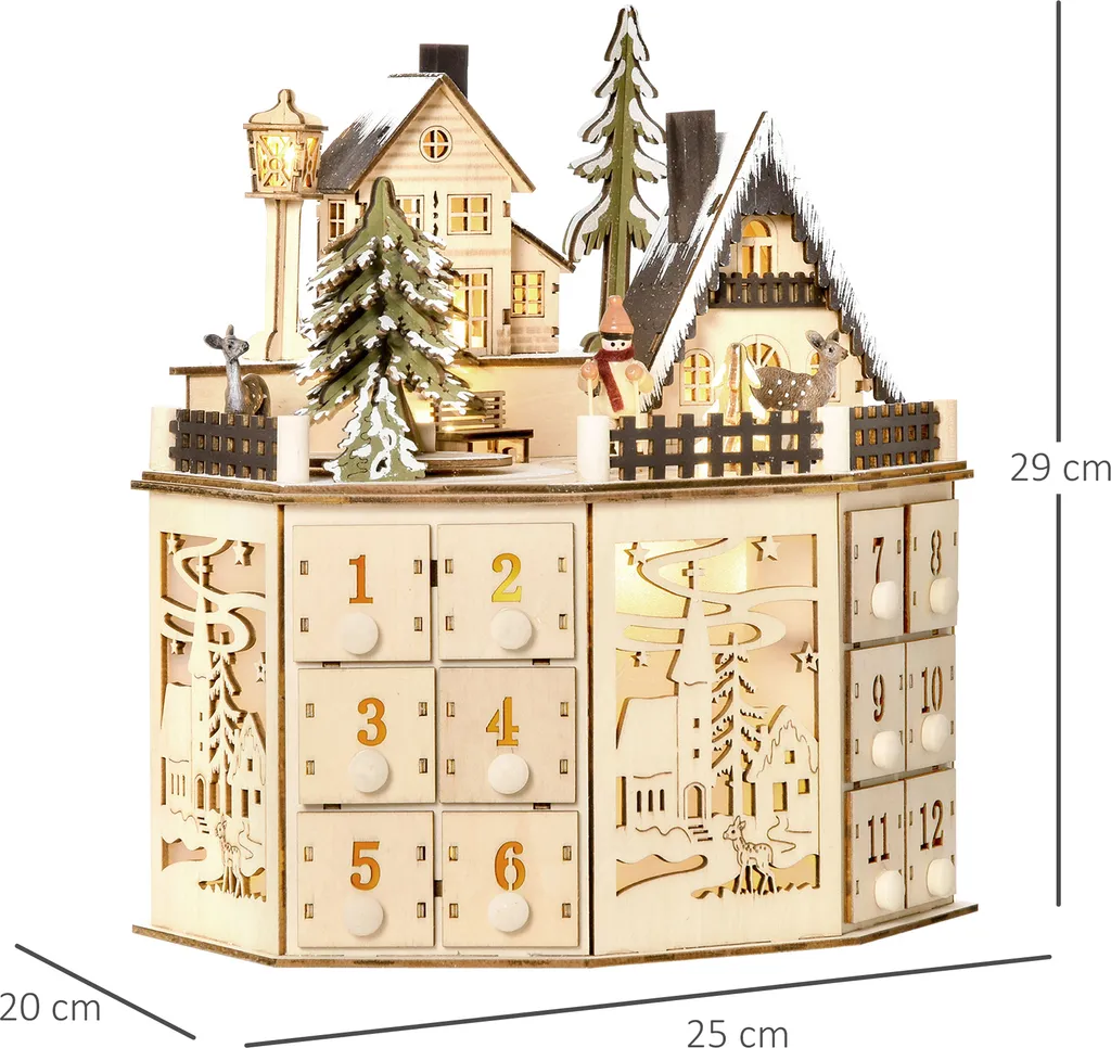 HOMCOM Weihnachts-Adventskalender Mit 24 Zugkästen Weihnachtskalender Mit LED-Lichtern Adventskalenderbox Sperrholz-Platte Naturholz 25 X 20 X 29 Cm – Bild 6