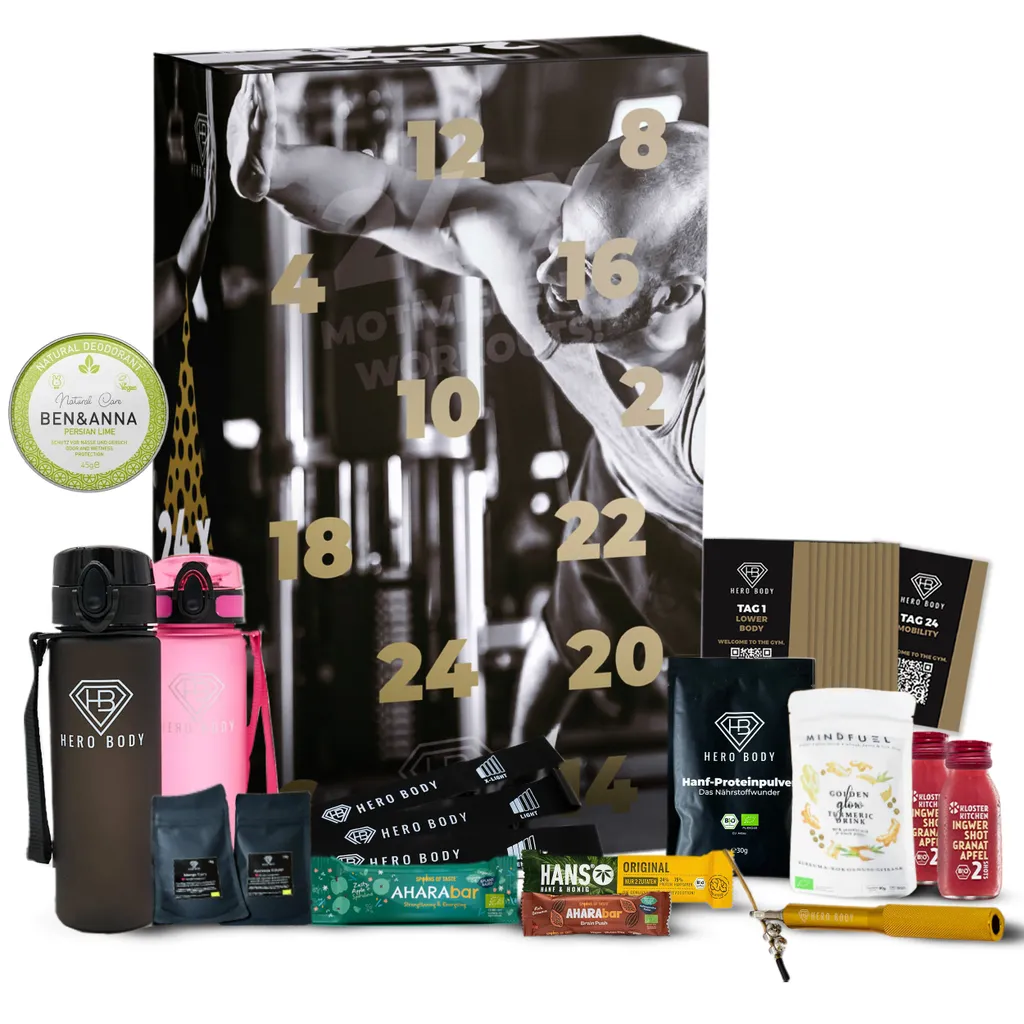 Fitness Adventskalender HERO BODY Proteinreiche Snacks, Fitness Tools, 24x Video Workouts