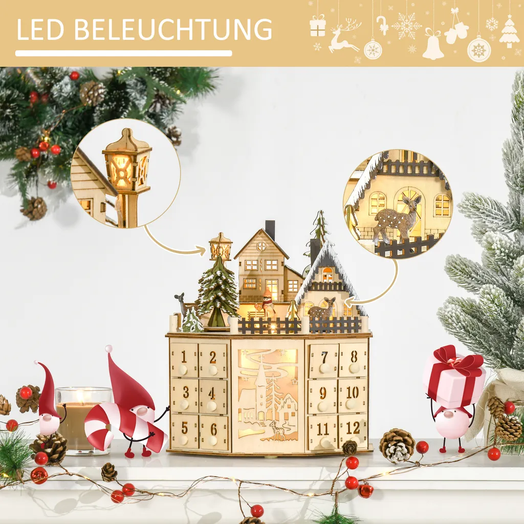 HOMCOM Weihnachts-Adventskalender Mit 24 Zugkästen Weihnachtskalender Mit LED-Lichtern Adventskalenderbox Sperrholz-Platte Naturholz 25 X 20 X 29 Cm – Bild 3