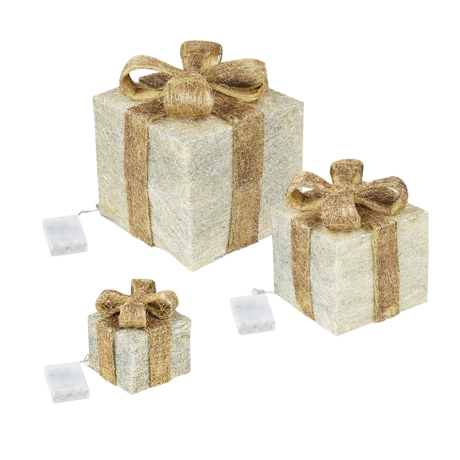 LED Geschenkboxen Beleuchtet Schleife Weihnachtsdeko 40LED Timer Creme/gold 3St. – Bild 6