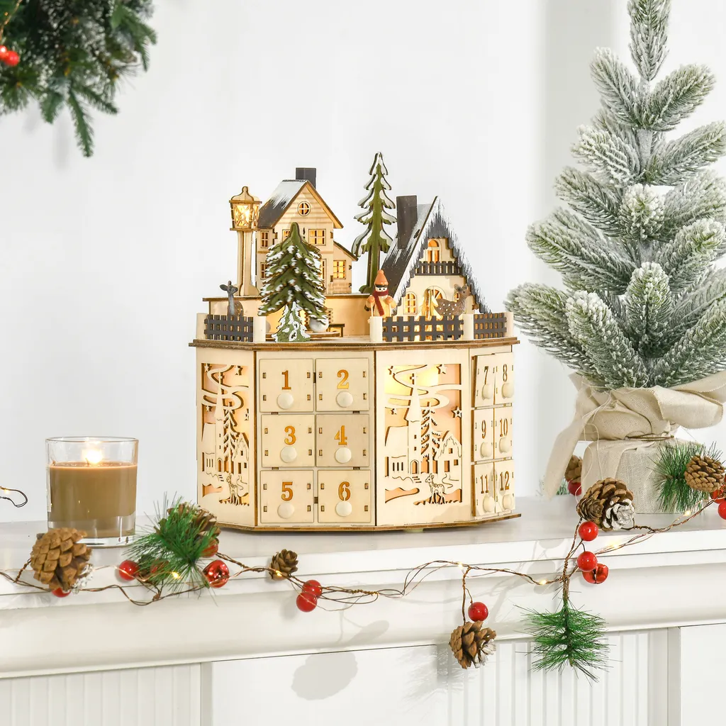 HOMCOM Weihnachts-Adventskalender Mit 24 Zugkästen Weihnachtskalender Mit LED-Lichtern Adventskalenderbox Sperrholz-Platte Naturholz 25 X 20 X 29 Cm – Bild 2