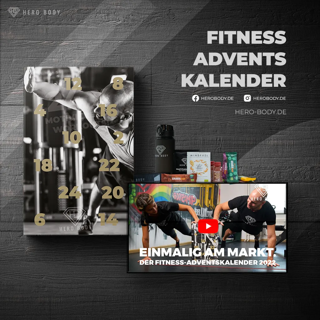 Fitness Adventskalender HERO BODY Proteinreiche Snacks, Fitness Tools, 24x Video Workouts – Bild 8